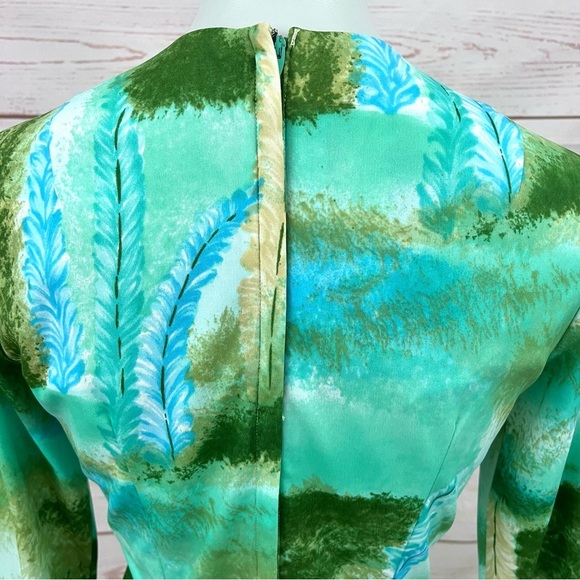 Rare Vintage Mid Century Impressionist Feather Forest Tree Long Sleeve Dress - Picture 8 of 10